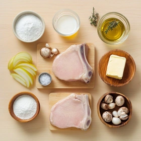 Step-by-step preparation of Smothered Pork Chops with Mushroom Gravy showing ingredients and initial cooking steps