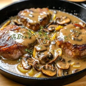 Close-up of Smothered Pork Chops with Mushroom Gravy showing texture, layers, and glossy finish