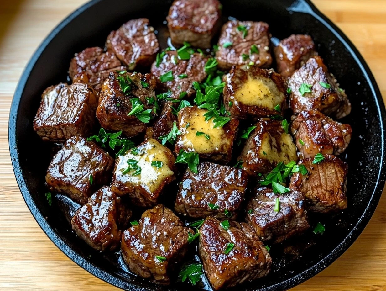 Perfectly cooked Garlic Butter Steak Bites served and ready to eat - final result