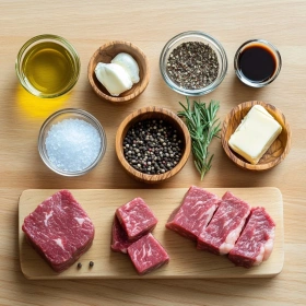 Step-by-step preparation of Garlic Butter Steak Bites showing ingredients and initial cooking steps