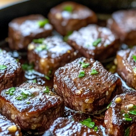 Close-up of Garlic Butter Steak Bites showing texture, layers, and glossy finish