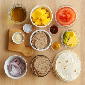 Step-by-step preparation of Loaded Cheeseburger Vegan Wraps showing ingredients and initial cooking steps