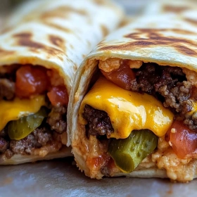 Close-up of Loaded Cheeseburger Vegan Wraps showing texture, layers, and glossy finish