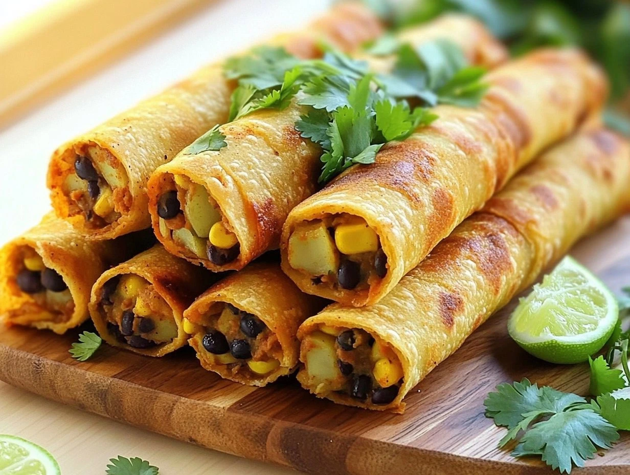 Perfectly cooked Crispy Vegan Taquitos served and ready to eat - final result