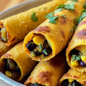 Close-up of Crispy Vegan Taquitos showing texture, layers, and glossy finish