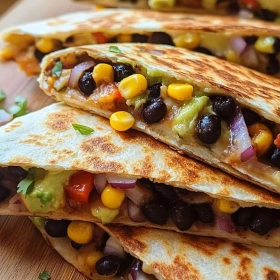 Close-up of Loaded Vegan Black Bean Quesadillas showing texture, layers, and glossy finish