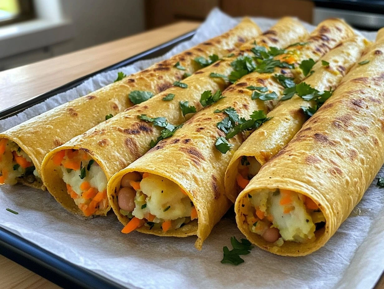 Perfectly cooked Crispy Vegan Taquitos Supreme served and ready to eat - final result