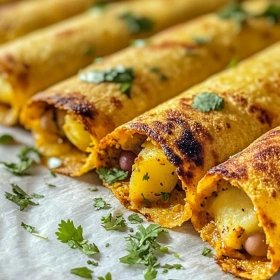 Close-up of Crispy Vegan Taquitos Supreme showing texture, layers, and glossy finish