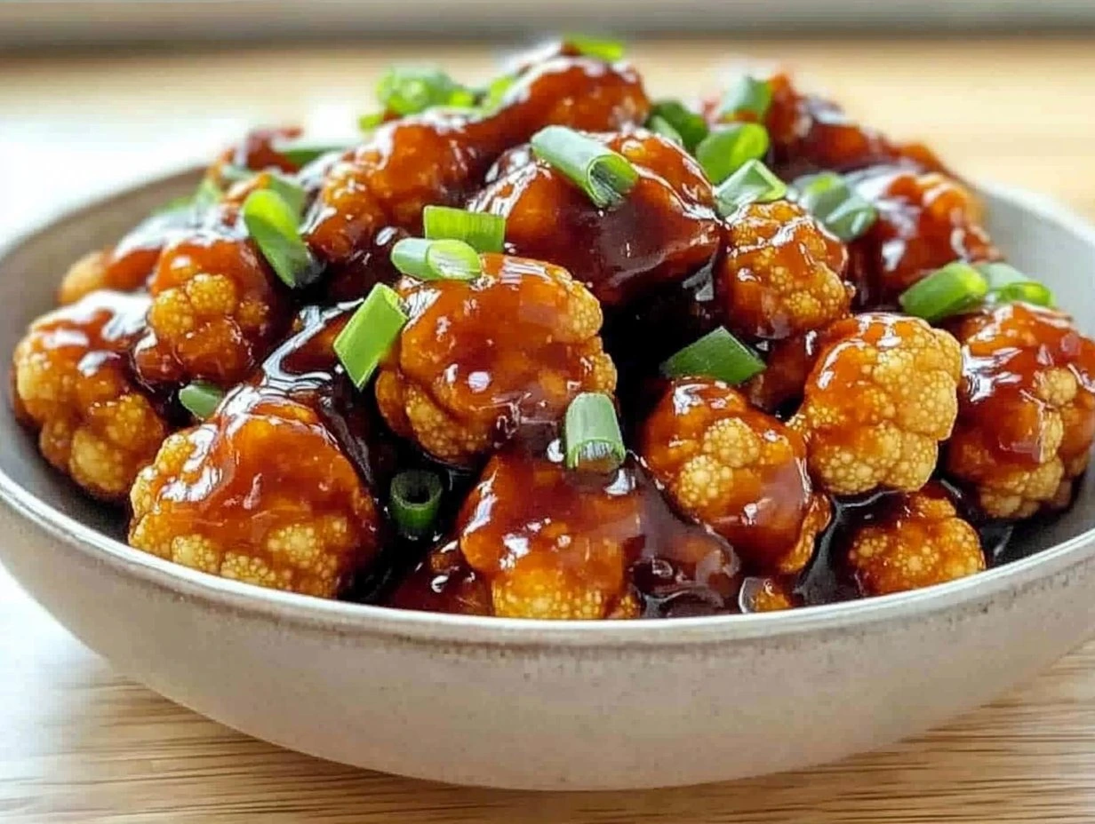 Perfectly cooked Easy Vegan General Tso's Cauliflower served and ready to eat - final result