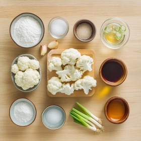 Step-by-step preparation of Easy Vegan General Tso's Cauliflower showing ingredients and initial cooking steps