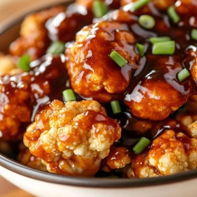 Close-up of Easy Vegan General Tso's Cauliflower showing texture, layers, and glossy finish