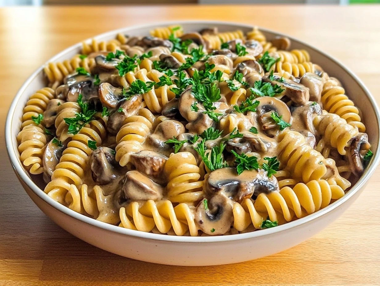 Perfectly cooked Simple Vegan Mushroom Stroganoff served and ready to eat - final result