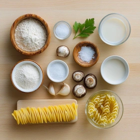 Step-by-step preparation of Simple Vegan Mushroom Stroganoff showing ingredients and initial cooking steps