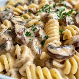Close-up of Simple Vegan Mushroom Stroganoff showing texture, layers, and glossy finish