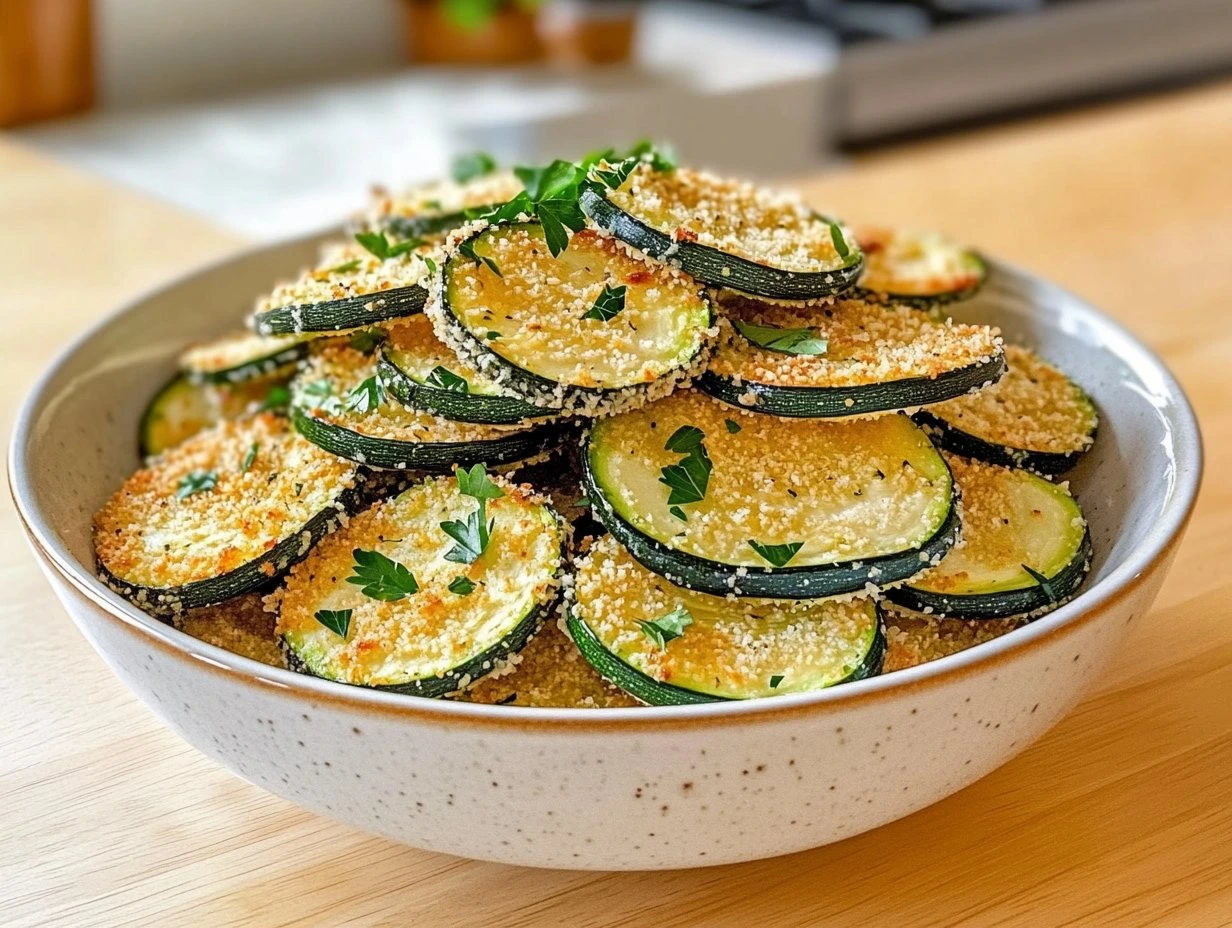 Perfectly cooked Crispy Zucchini Chips served and ready to eat - final result