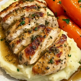 Close-up of Garlic Herb Chicken Dinner showing texture, layers, and glossy finish