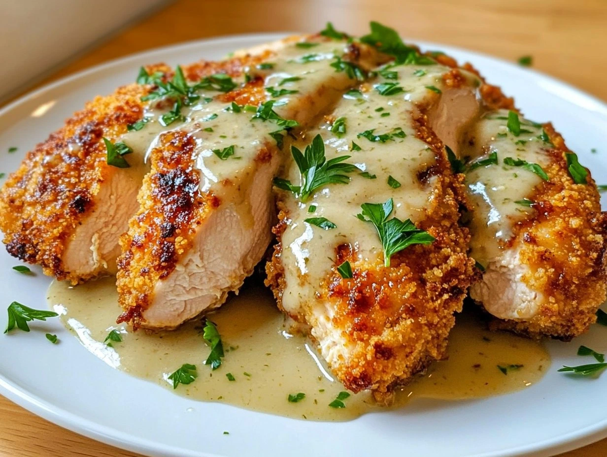 Perfectly cooked Parmesan Crusted Chicken with Garlic Sauce served and ready to eat - final result