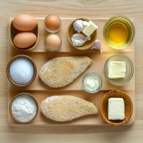 Step-by-step preparation of Parmesan Crusted Chicken with Garlic Sauce showing ingredients and initial cooking steps