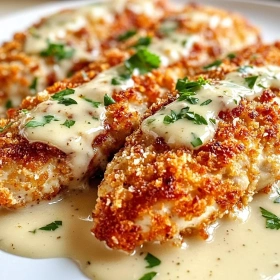 Close-up of Parmesan Crusted Chicken with Garlic Sauce showing texture, layers, and glossy finish