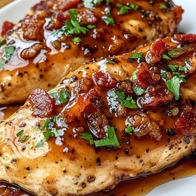 Close-up of Maple Garlic Bacon Chicken showing texture, layers, and glossy finish