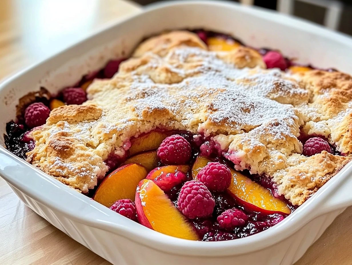 Perfectly cooked Raspberry Peach Cobbler served and ready to eat - final result