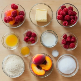 Step-by-step preparation of Raspberry Peach Cobbler showing ingredients and initial cooking steps