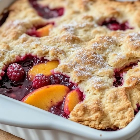 Close-up of Raspberry Peach Cobbler showing texture, layers, and glossy finish