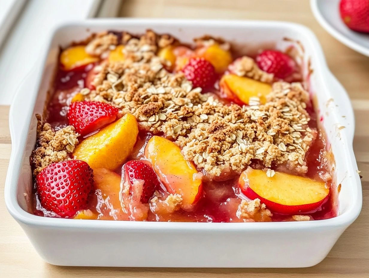 Perfectly cooked Easy Strawberry Peach Crisp served and ready to eat - final result