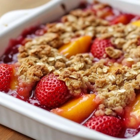 Close-up of Easy Strawberry Peach Crisp showing texture, layers, and glossy finish