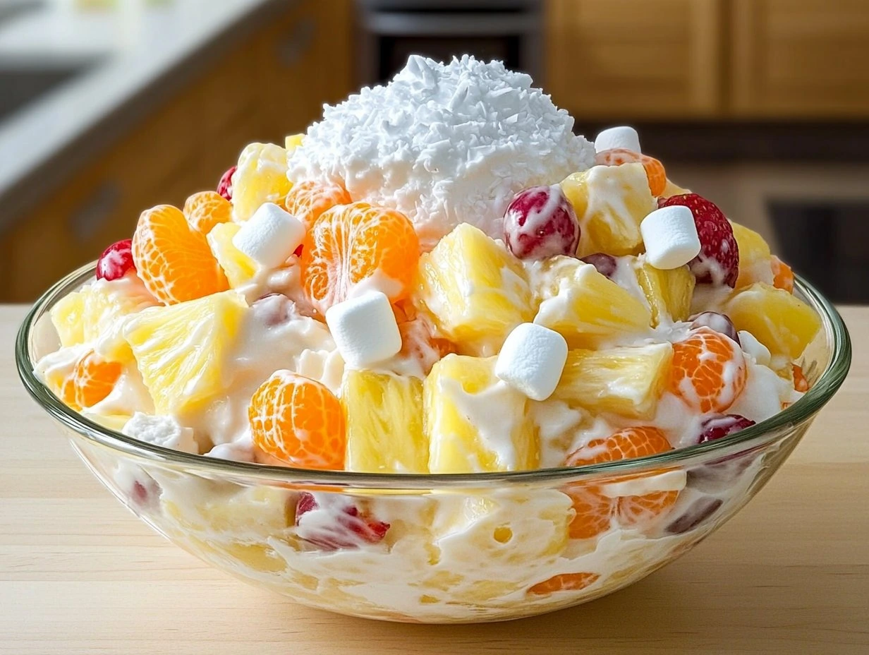Perfectly cooked Hawaiian Fruit Salad with Cool Whip served and ready to eat - final result