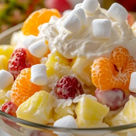 Close-up of Hawaiian Fruit Salad with Cool Whip showing texture, layers, and glossy finish