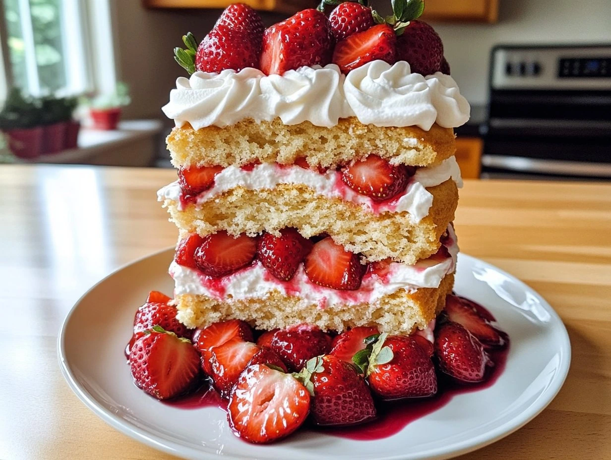 Perfectly cooked Classic Strawberry Shortcake Cake served and ready to eat - final result