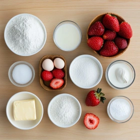 Step-by-step preparation of Classic Strawberry Shortcake Cake showing ingredients and initial cooking steps