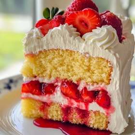 Close-up of Classic Strawberry Shortcake Cake showing texture, layers, and glossy finish