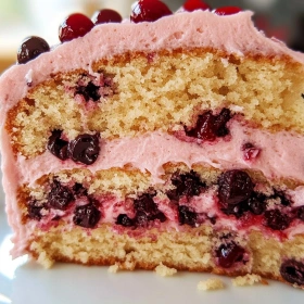 Close-up of Homemade Cherry Chip Cake showing texture, layers, and glossy finish