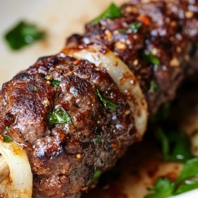 Close-up of Classic Beef Kafta Kabob showing texture, layers, and glossy finish