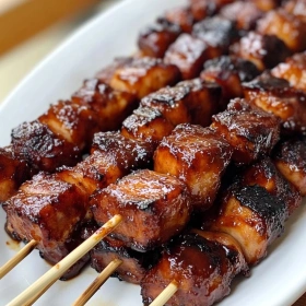 Close-up of Filipino Barbecue Pork Skewers showing texture, layers, and glossy finish