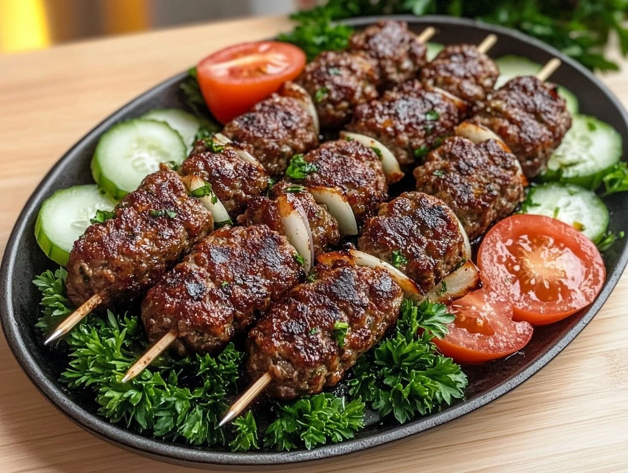 Perfectly cooked Lebanese Kafta Kofta Skewers served and ready to eat - final result