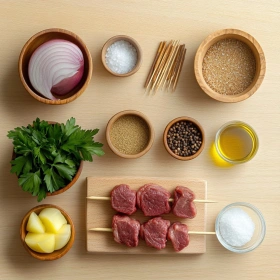 Step-by-step preparation of Lebanese Kafta Kofta Skewers showing ingredients and initial cooking steps