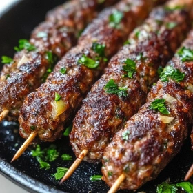 Close-up of Lebanese Kafta Kofta Skewers showing texture, layers, and glossy finish