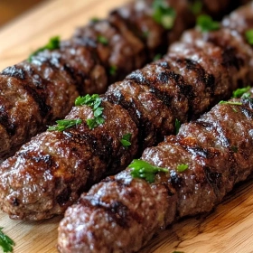 Close-up of 30-Minute Beef Kafta Kebabs showing texture, layers, and glossy finish