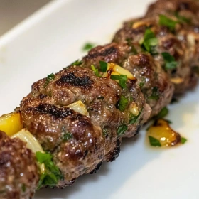 Close-up of Authentic Lamb Kofta Kebabs showing texture, layers, and glossy finish