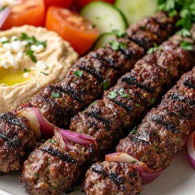 Close-up of Easy Beef Kafta Kebabs showing texture, layers, and glossy finish