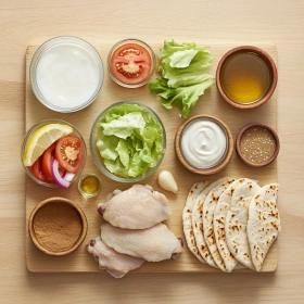 Step-by-step preparation of Authentic Chicken Shawarma Wraps showing ingredients and initial cooking steps