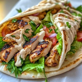 Close-up of Authentic Chicken Shawarma Wraps showing texture, layers, and glossy finish