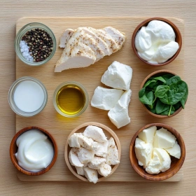 Step-by-step preparation of Creamy High Protein Chicken Bake showing ingredients and initial cooking steps