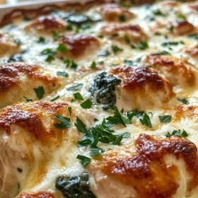 Close-up of Creamy High Protein Chicken Bake showing texture, layers, and glossy finish