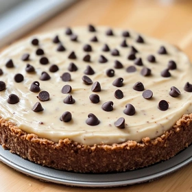 Close-up of High Protein Chocolate Chip Cheesecake showing texture, layers, and glossy finish