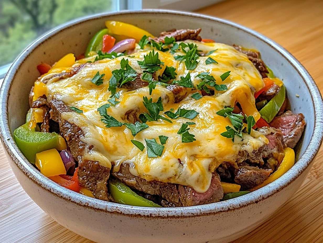 Perfectly cooked Loaded Philly Cheesesteak Bowls served and ready to eat - final result