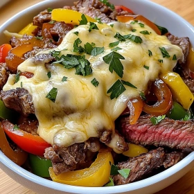 Close-up of Loaded Philly Cheesesteak Bowls showing texture, layers, and glossy finish